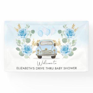 Blue Gold Floral Drive Thru Baby Shower Welcome Banner