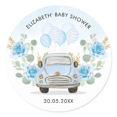 Blue Gold Floral Travel Drive By Shower Favors Classic Round Sticker