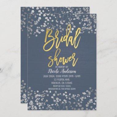 Blue Gold Foil Baby's Breath Modern Bridal Shower Invitations