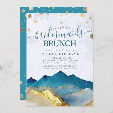 Blue Gold Foil Mountain Wedding Bridesmaids Brunch Invitations