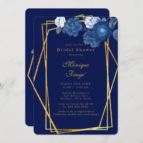 Blue & Gold Geometric Floral Bridal Shower Invitations