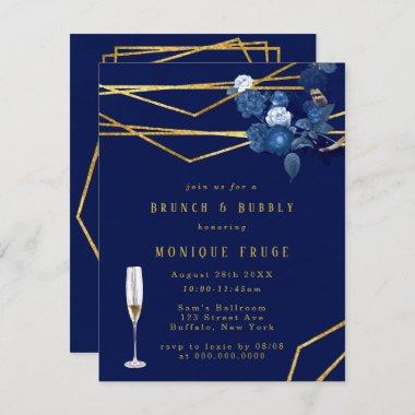 Blue & Gold Geometric Floral Brunch & Bubbly Invitations