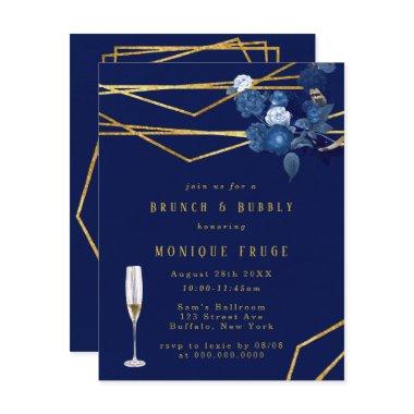 Blue & Gold Geometric Floral Brunch & Bubbly Invitations