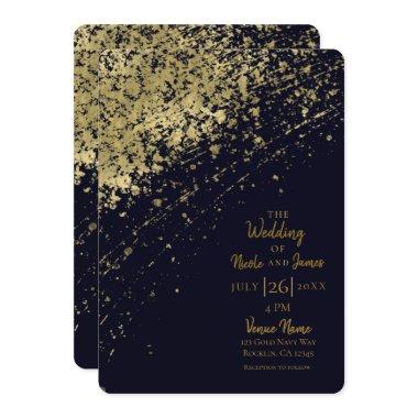 Blue & Gold Glamour Paint Splatter Modern Wedding Invitations