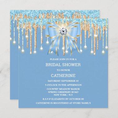 Blue gold glitter diamond bow shimmer lights Invitations