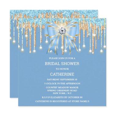 Blue gold glitter diamond bow shimmer lights Invitations