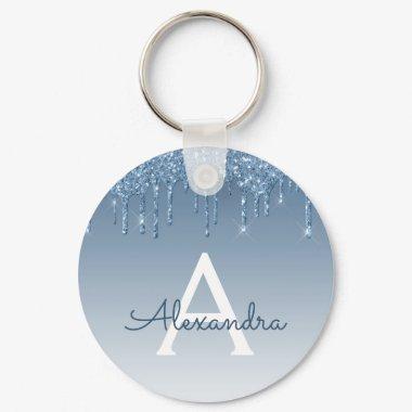 Blue Gold Glitter Drips Sparkle Monogram Keychain