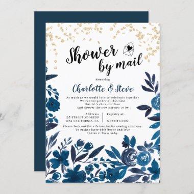 Blue gold glitter watercolor baby shower by mail Invitations