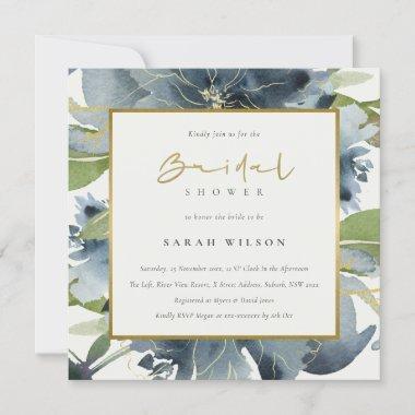 Blue Gold Green Floral Watercolor Bridal Shower Invitations