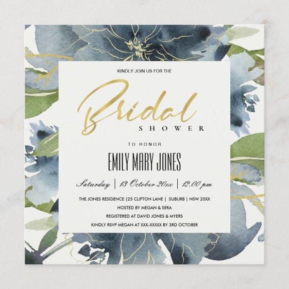 BLUE GOLD GREEN FLORAL WATERCOLOR BRIDAL SHOWER Invitations
