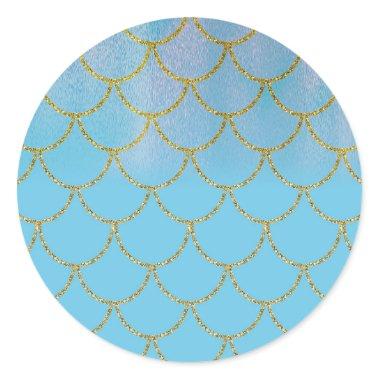 Blue & Gold Iridescent Shimmer Mermaid Party Classic Round Sticker
