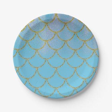 Blue & Gold Iridescent Shimmer Mermaid Party Paper Plates