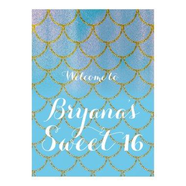 Blue & Gold Iridescent Shimmer Mermaid Party Poster