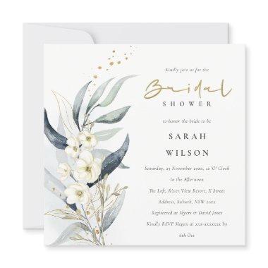 Blue Gold Leafy Botanical Floral Bridal Shower Invitations