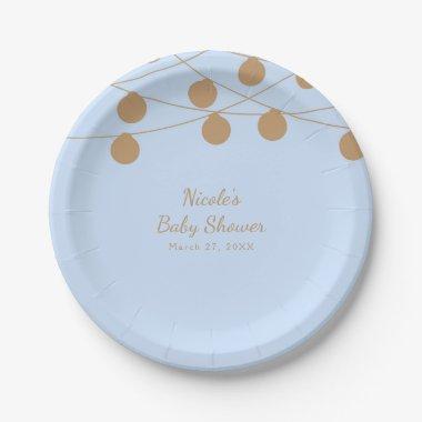 Blue & Gold Modern String Lights Baby Shower Party Paper Plates