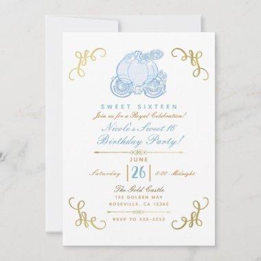 Blue & Gold Pumpkin Carriage Sweet 16 Party Invitations