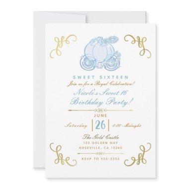 Blue & Gold Pumpkin Carriage Sweet 16 Party Invitations