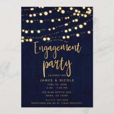 Blue Gold Rustic Wood & Lights Engagement Party Invitations