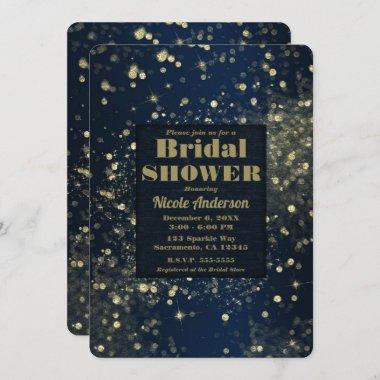 Blue & Gold Sparkling Lights Glam Bridal Shower Invitations