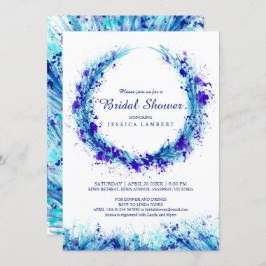 Blue grass watercolor splash bridal shower invites