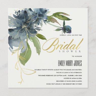 BLUE GREEN GOLD FLORAL WATERCOLOR BRIDAL SHOWER Invitations