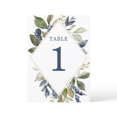 Blue green gold foliage greenery table numbers