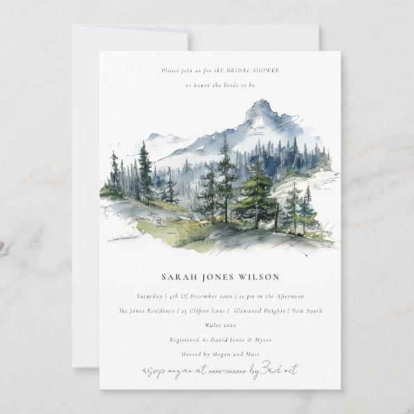 Blue Green Mountain Landscape Sketch Bridal Shower Invitations