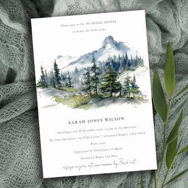 Blue Green Mountain Landscape Sketch Bridal Shower Invitations