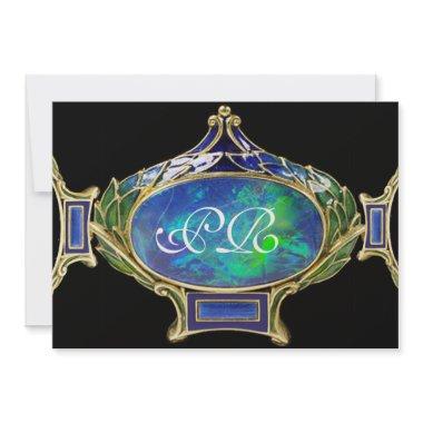 BLUE GREEN OPAL ,ART NOUVEAU GOLD JEWEL MONOGRAM Invitations