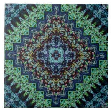 Blue Green Quilted Tribal Pattern Ceramic Tile