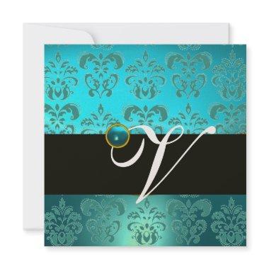 BLUE GREEN TURQUOISE BLACK GOLD DAMASK MONOGRAM , Invitations