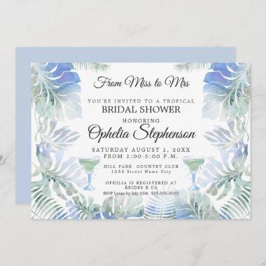 Blue Green Watercolor Leaves Bridal Shower Invitations
