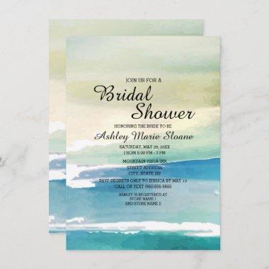 Blue Green Watercolor Ocean Waves Bridal Shower Invitations