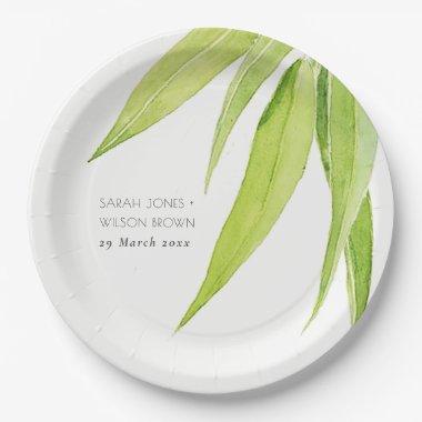 BLUE GREEN WATERCOLOUR FOLIAGE OLIVE MONOGRAM PAPER PLATES