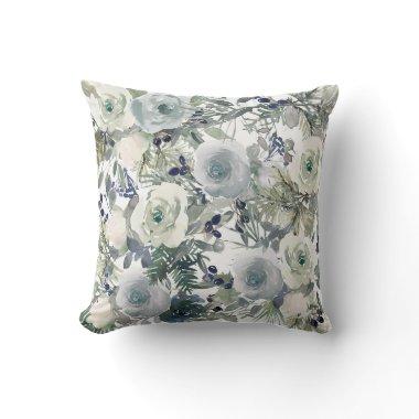 Blue Green White Watercolor Floral Flowers Throw Pillow