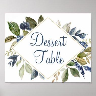 Blue greenery gold foliage dessert table sign