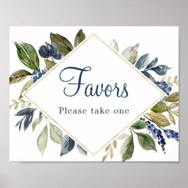 Blue greenery leaves gold foliage Favors sign