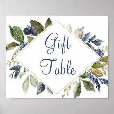 Blue greenery leaves gold foliage gift table sign