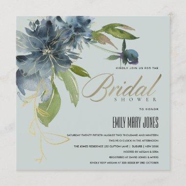 BLUE GREY GOLD FLORAL WATERCOLOR BRIDAL SHOWER Invitations