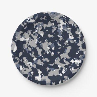 Blue Grey White Camouflage Camo Pattern Party Paper Plates