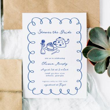Blue Hand Drawn Whimsical Cake Tea Bridal Shower Invitations