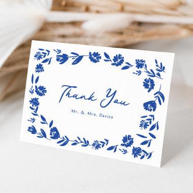 Blue Hand Drawn Whimsical Flower Border Wedding Thank You Invitations