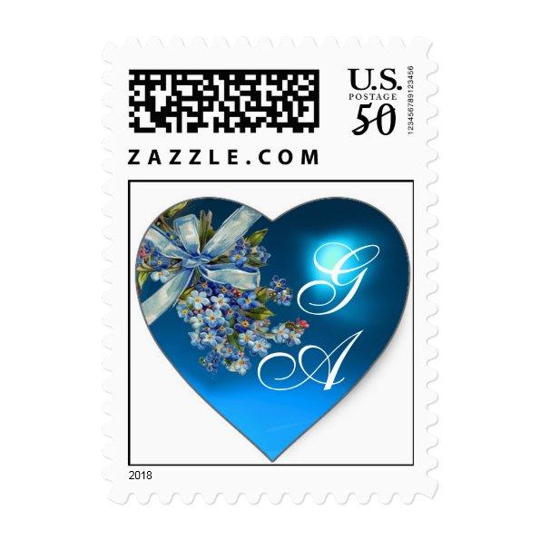 BLUE HEART FORGET ME NOTS WEDDING PARTY MONOGRAM POSTAGE