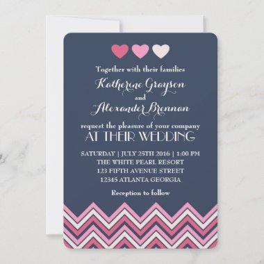 Blue Hot Pink Chevron Wedding Invitations Love