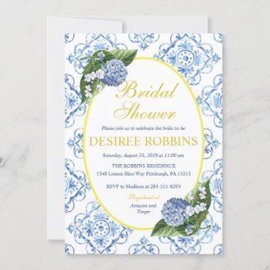 Blue Hydrangea Blue Tile Bridal Shower Invitations