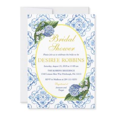 Blue Hydrangea Blue Tile Bridal Shower Invitations