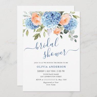 Blue Hydrangea Blush Pink Roses BRIDAL SHOWER Invitations