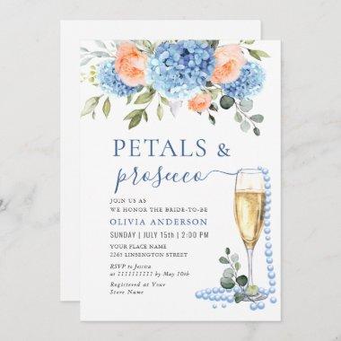 Blue Hydrangea Blush Pink Roses Pearls & Prosecco Invitations