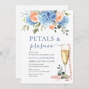 Blue Hydrangea Blush Pink Roses PETALS & Prosecco Invitations
