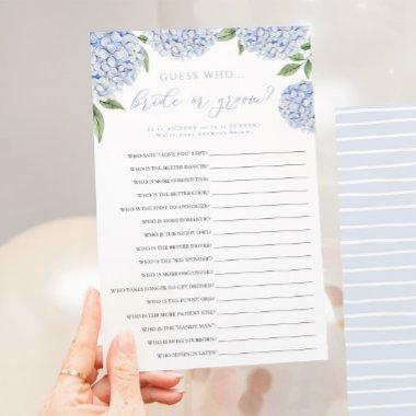 Blue Hydrangea Bride or Groom Paper Game